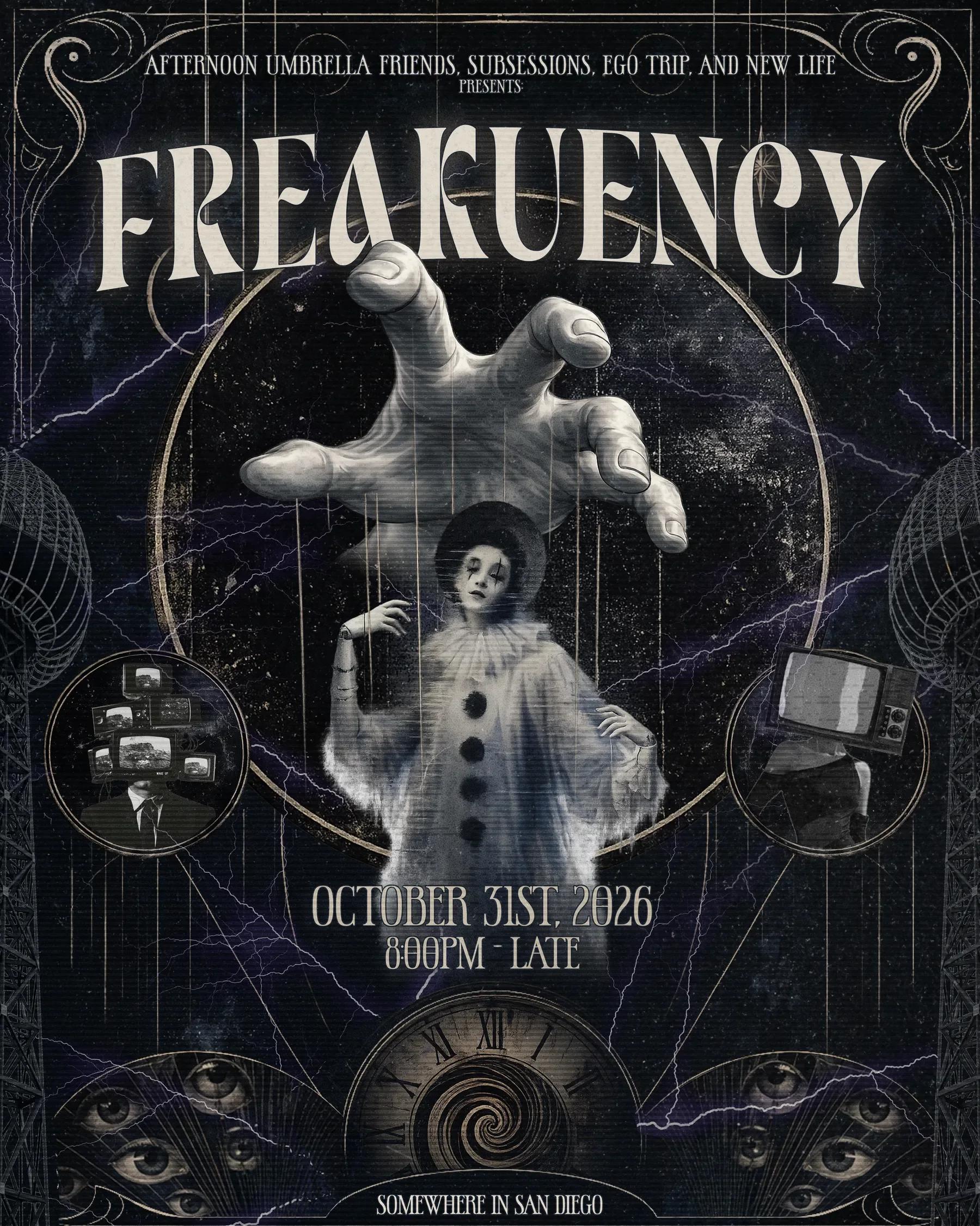 Freakuency Halloween 2026 poster: October 31, 8 PM until late, somewhere in San Diego